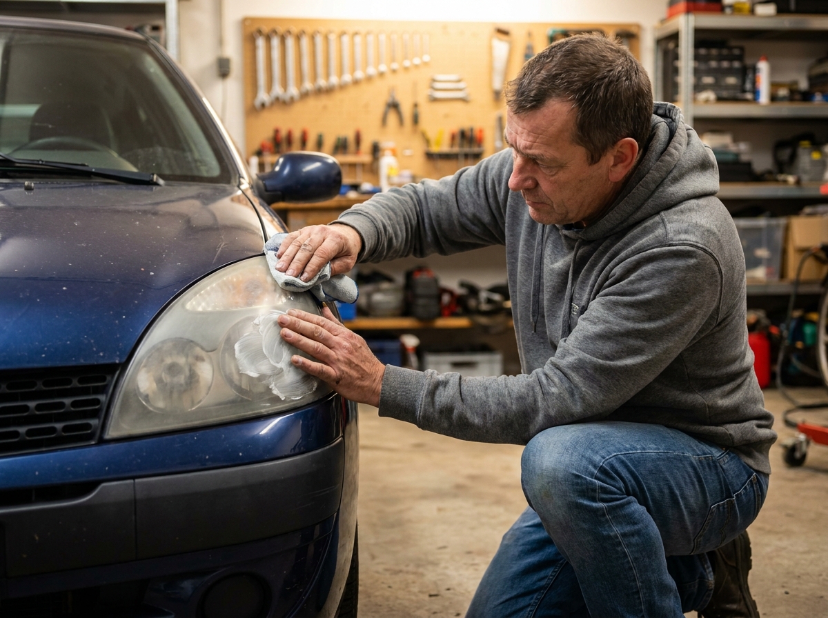 Homme rénovant les phares vieillis d'une Clio 2 dans un garage avec un polish de restauration