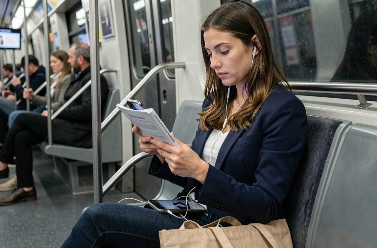 Femme active révisant les questions du code de la route sur son smartphone dans le métro