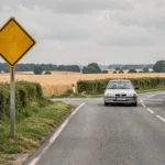 Panneau de route à caractère prioritaire en zone rurale française avec voiture approchant une intersection