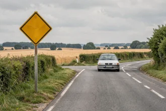 Panneau de route à caractère prioritaire en zone rurale française avec voiture approchant une intersection