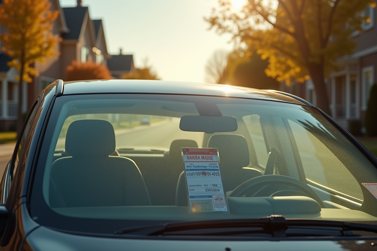 Voiture abandonnée sur une rue résidentielle au matin avec papiers d