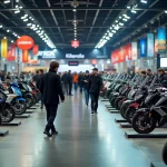 Vue panoramique du Salon du 2 Roues de Lyon avec visiteurs et motos en exposition dans un grand hall intérieur