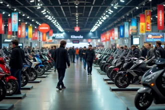 Vue panoramique du Salon du 2 Roues de Lyon avec visiteurs et motos en exposition dans un grand hall intérieur