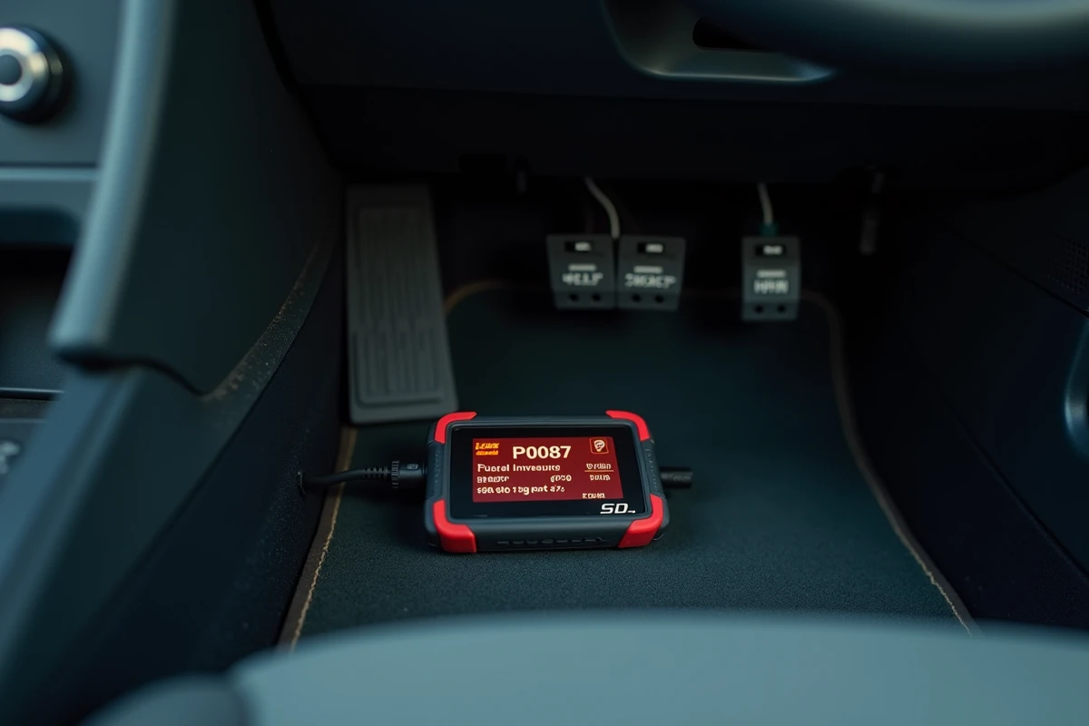 Scanner OBD2 affichant le code défaut P0087 branché sous le tableau de bord d'une Peugeot HDi diesel