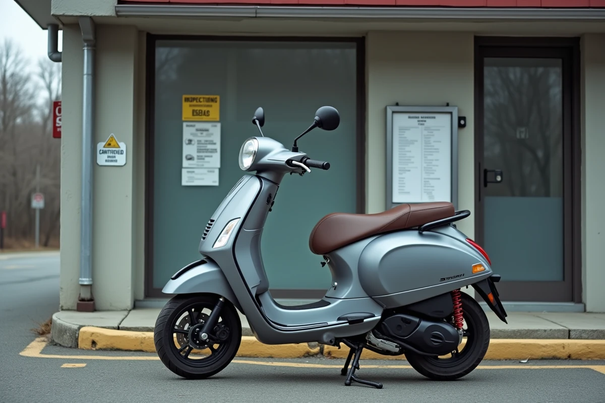 Scooter 125cc garé devant un centre de contrôle technique avec affichage des tarifs visible