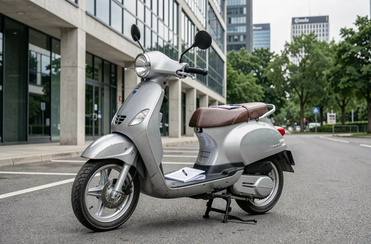 Scooter 125cc garé en ville avec un document d'assurance posé sur la selle dans un environnement urbain moderne