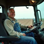 Agriculteur assis sur un siège de tracteur ergonomique avec accoudoirs et suspension réglable dans la cabine d'un tracteur agricole moderne