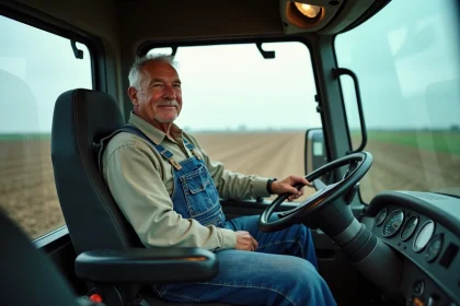 Agriculteur assis sur un siège de tracteur ergonomique avec accoudoirs et suspension réglable dans la cabine d'un tracteur agricole moderne