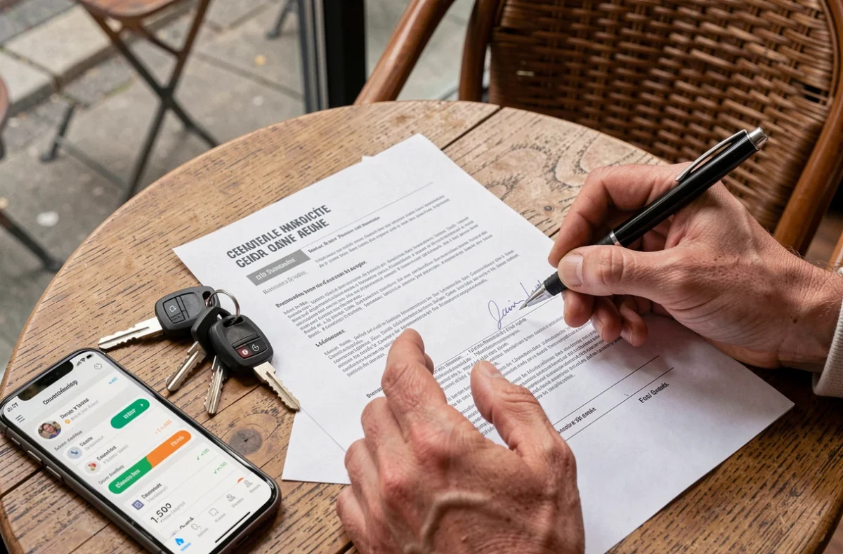 Signature d'un contrat d'assurance auto avec clés de voiture et comparateur sur smartphone posés sur une table