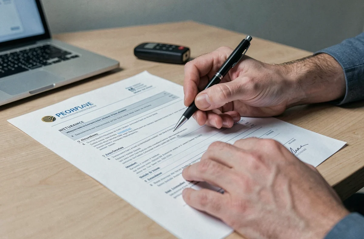 Gros plan sur des mains signant un formulaire de contrat assurance auto avec des clés de voiture