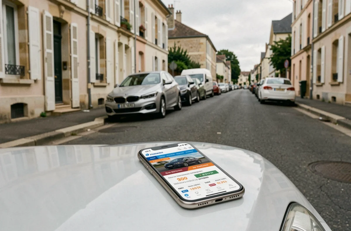 Smartphone affichant un comparateur d'assurance voiture posé sur le capot d'une voiture dans une rue française