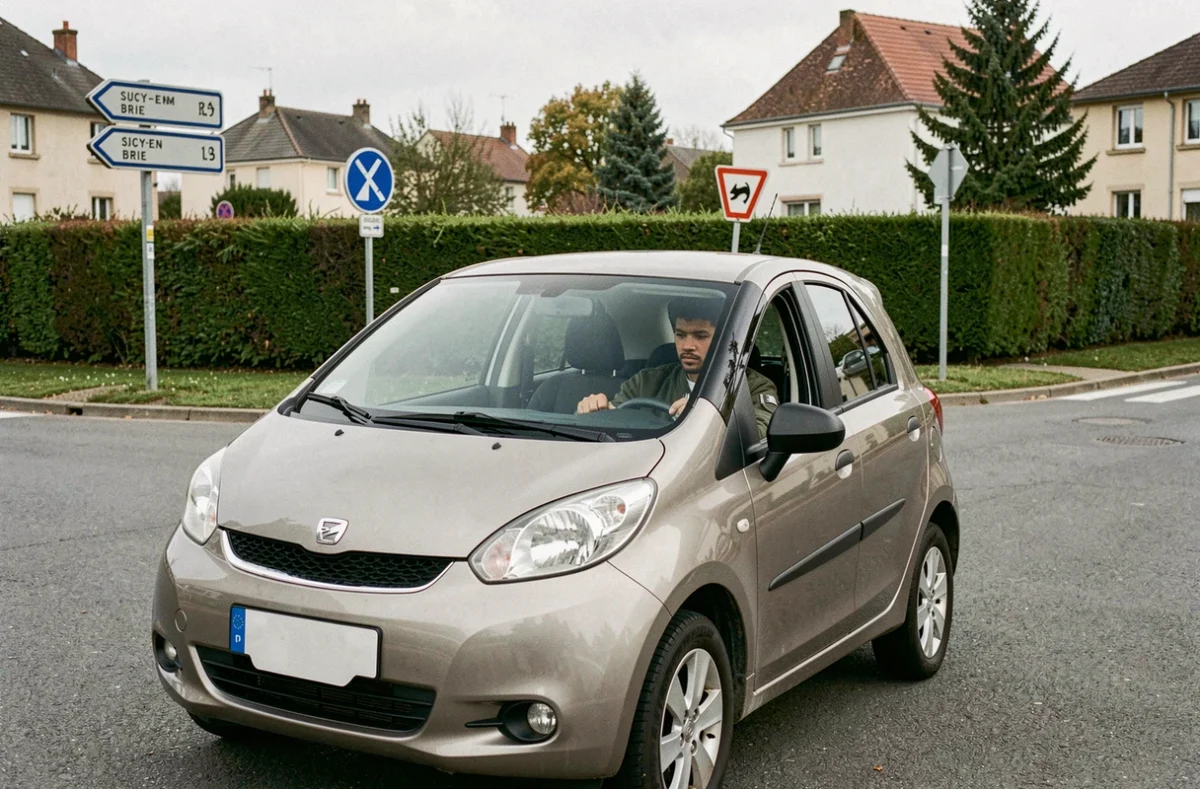 Élève en train de négocier un rond-point lors d'une leçon de conduite à Sucy-en-Brie, Sucy Conduites