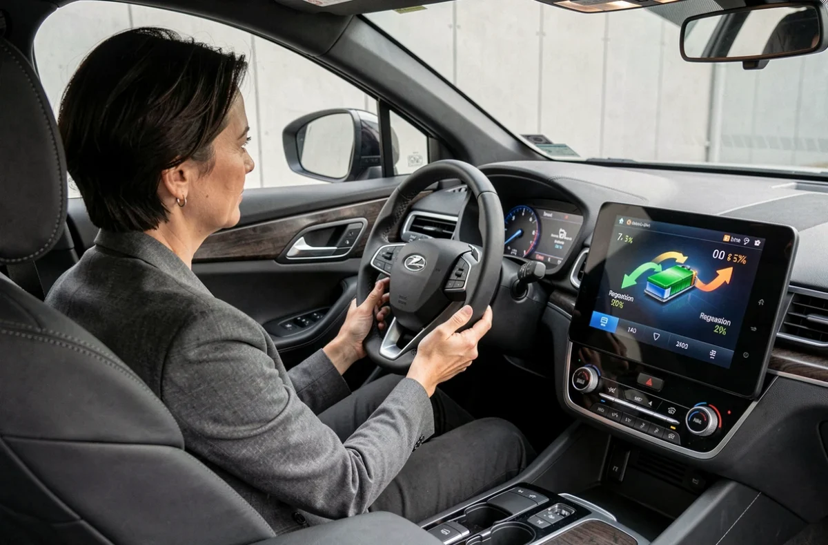 Conductrice regardant le tableau de bord hybride affichant le flux d'énergie et le niveau de charge de la batterie