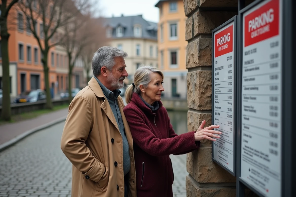 Couple lisant le tableau des tarifs de stationnement à l'entrée d'un parking dans le centre historique de Colmar