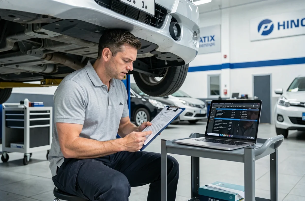 Technicien automobile analysant un rapport de diagnostic moteur Peugeot 1.2 PureTech dans un centre de service agréé
