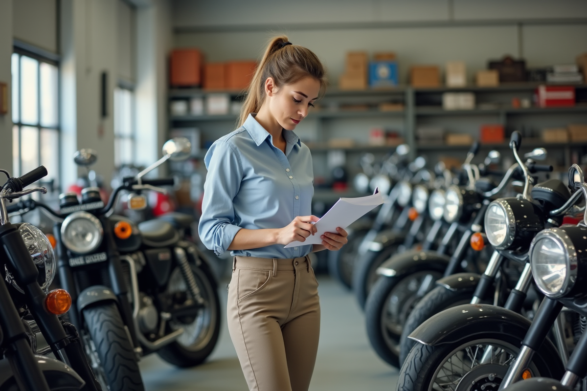 Technicienne inspecte une moto dans un garage moderne