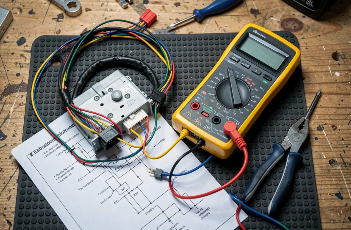 Gros plan d'un connecteur ISO d'autoradio testé au multimètre sur un établi d'atelier