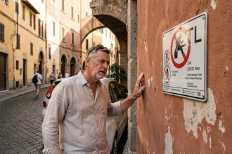 Touriste examinant un panneau ZTL dans une ruelle historique italienne pavée