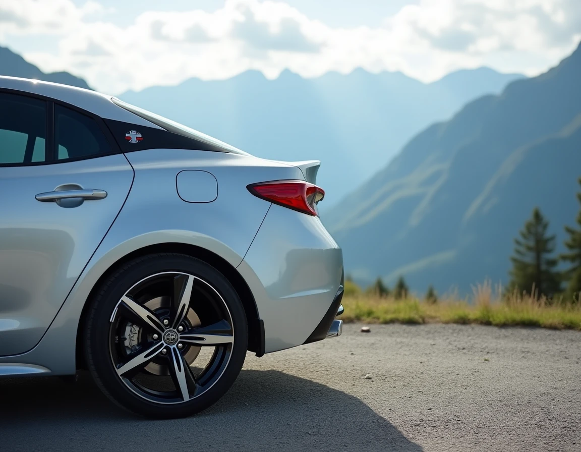 Détail de la roue et du frein d'une Toyota Corolla argentée garée en altitude avec vue sur une vallée alpine