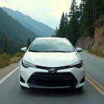 Toyota Corolla blanche en virage sur une route de montagne sinueuse entourée de sapins