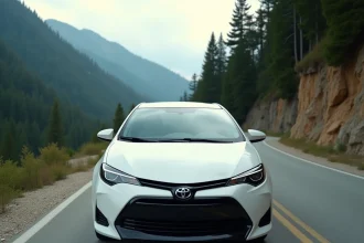 Toyota Corolla blanche en virage sur une route de montagne sinueuse entourée de sapins
