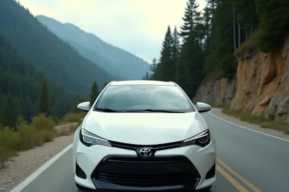 Toyota Corolla blanche en virage sur une route de montagne sinueuse entourée de sapins