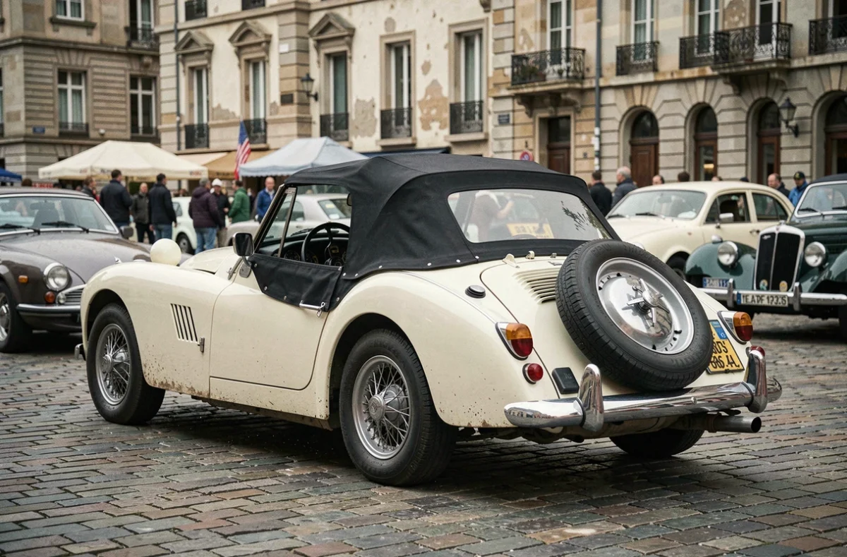 Triumph TR3 blanche capote fermée vue de trois-quarts arrière lors d'un rassemblement de voitures anciennes sur pavés en Europe