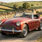 Triumph TR3 rouge signal garée sur une route de campagne anglaise, vue trois-quarts avant mettant en valeur la carrosserie roadster et les jantes à rayons chromés