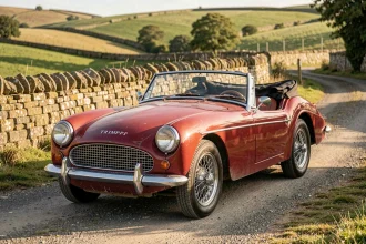 Triumph TR3 rouge signal garée sur une route de campagne anglaise, vue trois-quarts avant mettant en valeur la carrosserie roadster et les jantes à rayons chromés