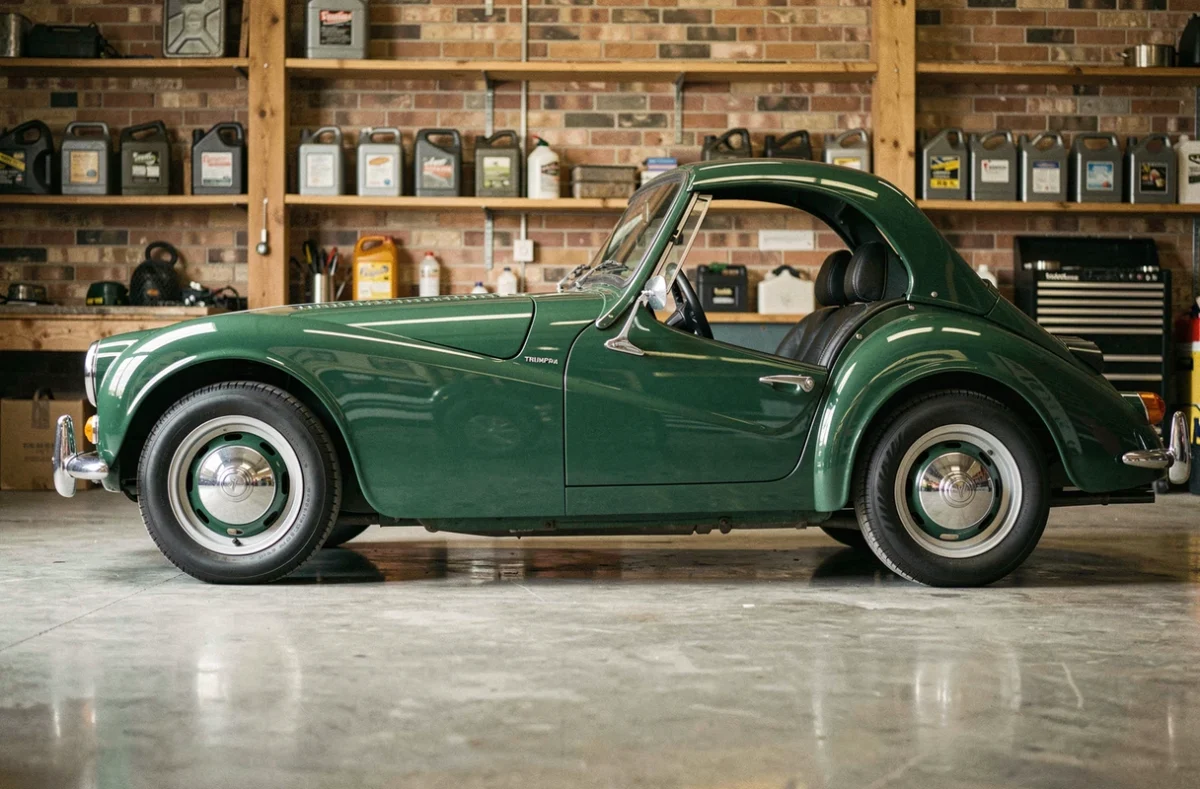 Triumph TR3 vert British Racing Green restaurée, vue de profil dans un garage vintage avec murs en briques apparentes et sol en béton poli