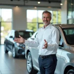 Vendeur de concession automobile présentant une voiture d'occasion à l'intérieur d'un showroom moderne