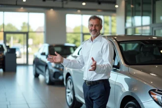 Vendeur de concession automobile présentant une voiture d'occasion à l'intérieur d'un showroom moderne
