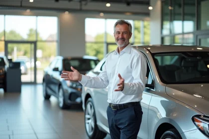 Vendeur de concession automobile présentant une voiture d'occasion à l'intérieur d'un showroom moderne