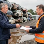 Un propriétaire remet les clés de sa voiture à un professionnel d'une casse auto dans le Nord-Pas-de-Calais lors d'une transaction sécurisée
