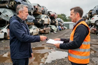 Un propriétaire remet les clés de sa voiture à un professionnel d'une casse auto dans le Nord-Pas-de-Calais lors d'une transaction sécurisée