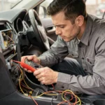 Technicien testant les branchements d'un autoradio avec un multimètre numérique dans l'habitacle d'une voiture
