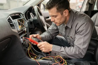 Technicien testant les branchements d'un autoradio avec un multimètre numérique dans l'habitacle d'une voiture