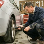 Mécanicien vérifiant la pression des pneus d'une Seat Ibiza avec un manomètre numérique dans un atelier