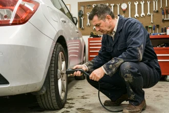 Mécanicien vérifiant la pression des pneus d'une Seat Ibiza avec un manomètre numérique dans un atelier