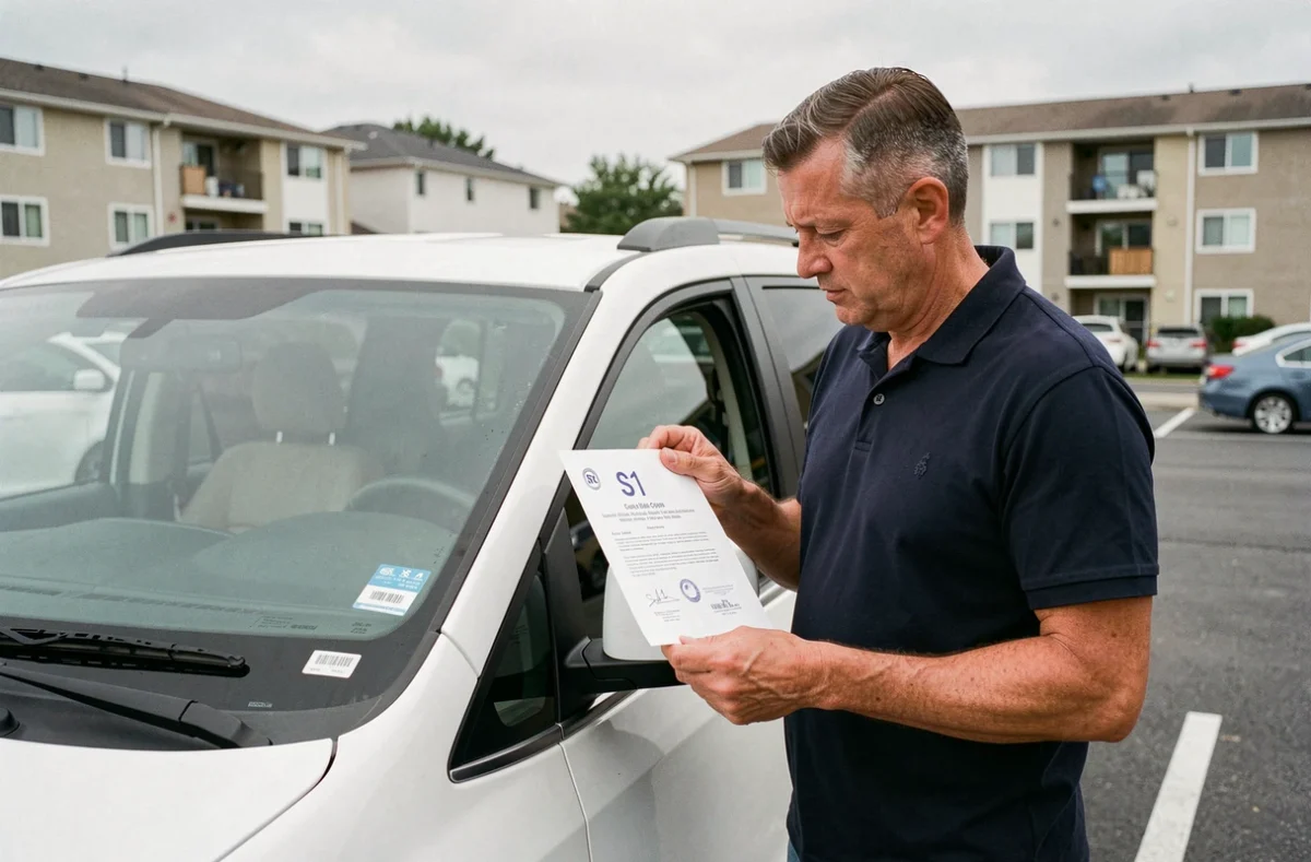 Propriétaire vérifiant le certificat S1 de carte grise sur son monospace familial dans un parking