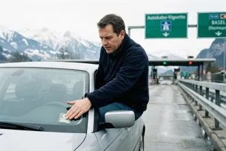Conducteur collant une vignette autoroutière suisse sur le pare-brise d'une voiture au bord d'une autoroute alpine