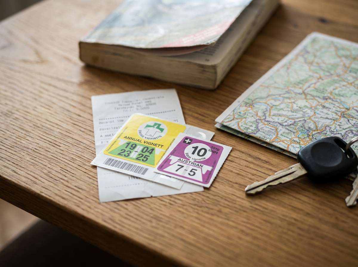 Vue de dessus de vignettes autoroutières européennes suisse et autrichienne posées sur un bureau avec une carte routière