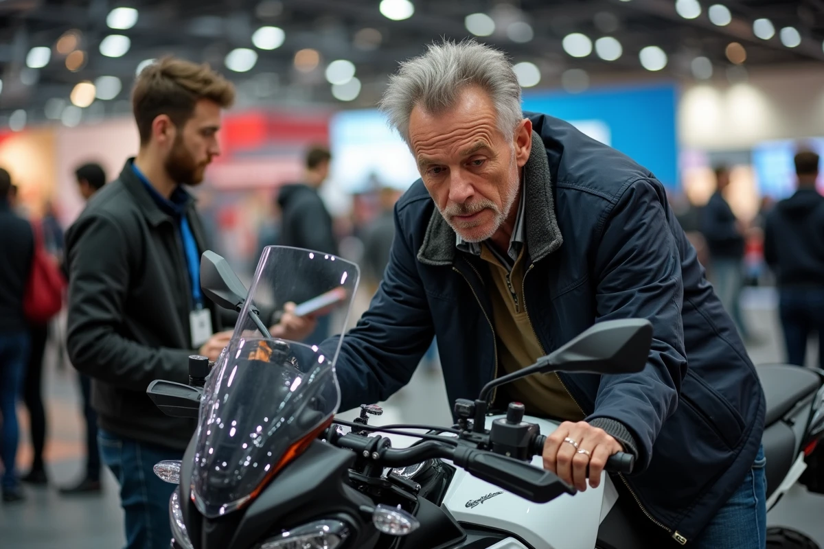 Visiteur examinant une moto aventure sur un stand du Salon du 2 Roues de Lyon