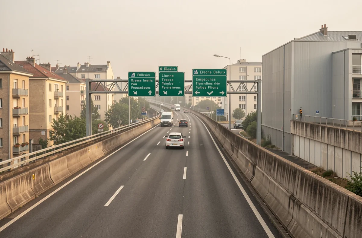 Voie rapide urbaine française en ville avec signalisation verte et circulation fluide vue depuis un pont piéton