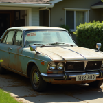 Voiture ancienne garée dans une cour avec panneau a vendre