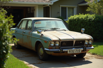 Voiture ancienne garée dans une cour avec panneau a vendre