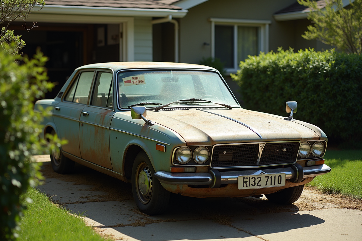 Voiture ancienne garée dans une cour avec panneau a vendre