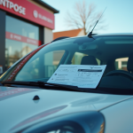 Voiture française devant centre contrôle technique en plein jour