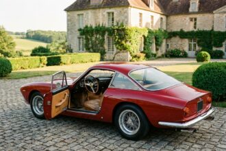 Voiture de collection italienne des années 60 restaurée garée devant un manoir en pierre, illustrant l'assurance voiture de collection