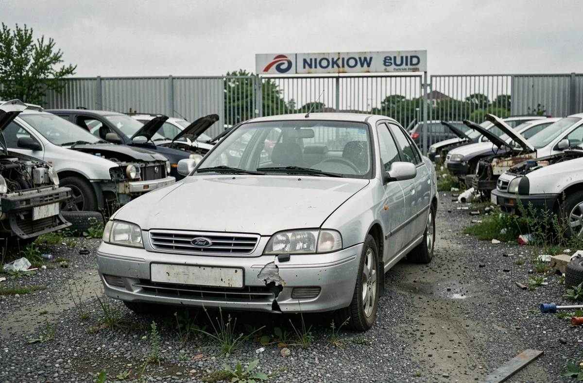 Une vieille voiture déposée à l'entrée d'une casse automobile dans le Nord-Pas-de-Calais prête pour la revente ou le recyclage